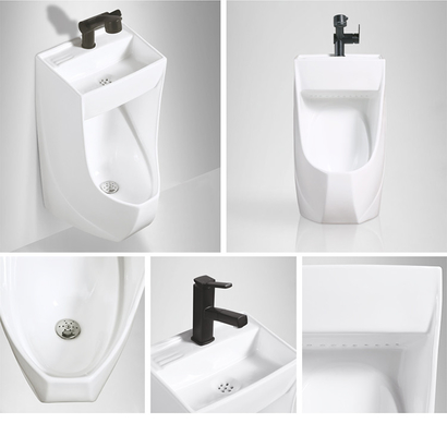 La cima ceramica sarchia l'orinale fissato al muro con acqua di risparmi del lavabo
