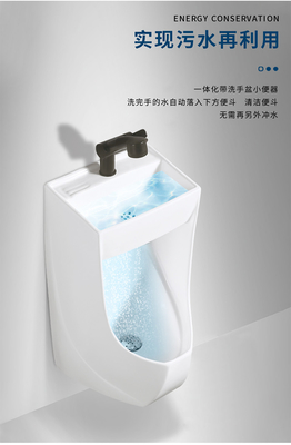 La cima ceramica sarchia l'orinale fissato al muro con acqua di risparmi del lavabo